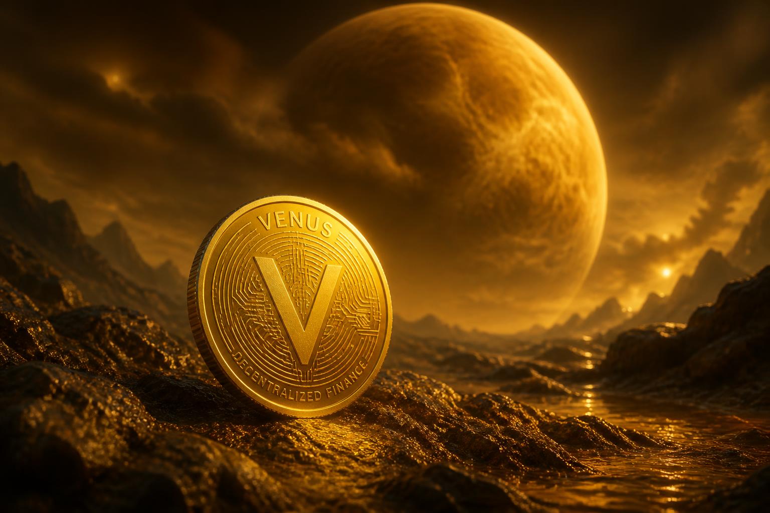 A Venus coin resting on rocky ground beneath an eclipse